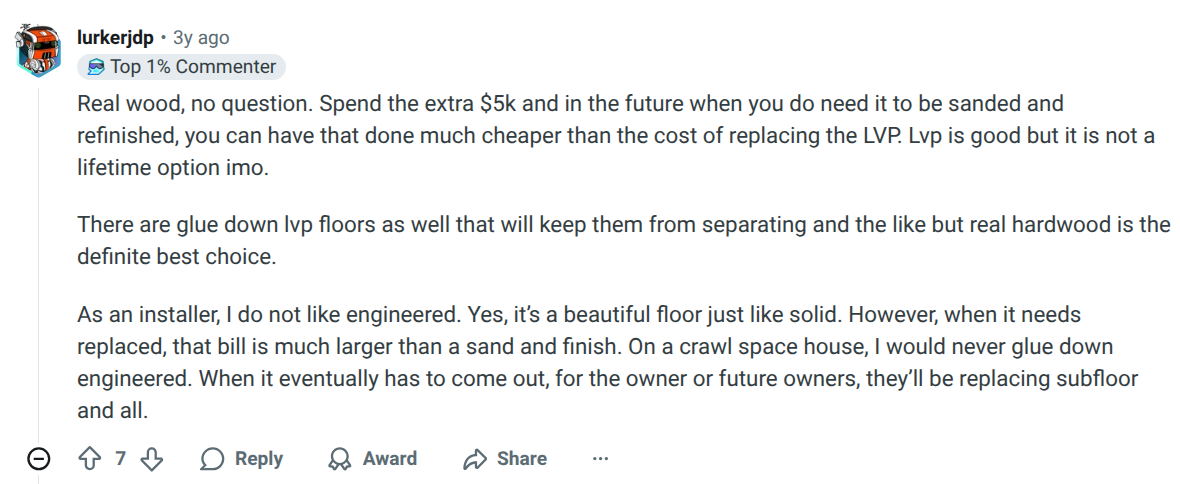 Reddit users on LVP vs Hardwood